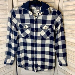 Children’s Place Boys Navy Blue White Buffalo Plaid Button Down Hooded Flannel